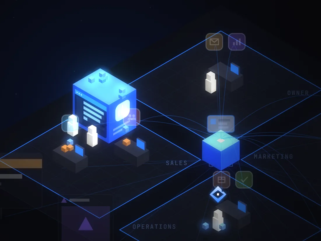 A team at their desks, their stacked-up work moving into one large glowing app.